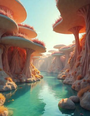 The primary subject of the image is a group of mushrooms, which are the main objects in the scene. The mushrooms are situated in a water-filled valley, surrounded by a variety of trees and mushrooms. The setting appears to be a fantasy world, with the mushrooms and trees creating a unique and imaginative landscape. The visual style of the image is digital art, as it is a computer-generated scene. The colors and mood of the image are predominantly pink and orange, giving